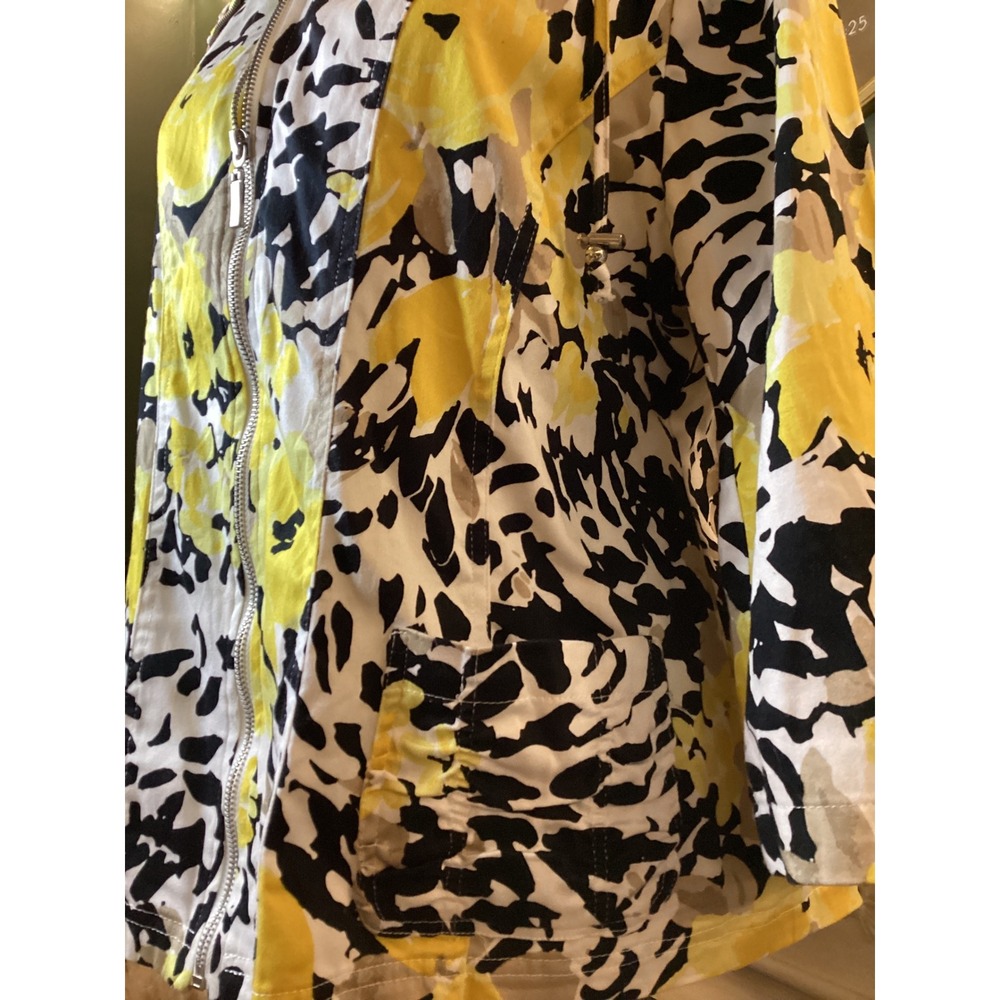 Erin London Womens XL Yellow Floral Abstract Full Zip Jacket 3/4 Sleeve Cotton - Picture 2 of 6